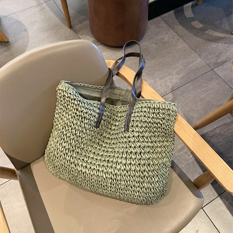 casual rattan large capacity tote for women wicker woven wooden handbags summer beach straw bag lady big purses travel sac 2021