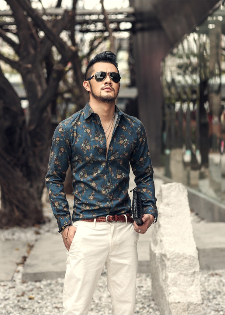 2021 New Men's Silk Satin Floral Printed Shirts Male Slim Fit Long Sleeve Flower Print Casual Party Shirt Tops M-3XL