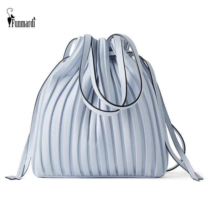 FUNMARDI Brand Design PU Leather Shoulder Bag Pleated Stripe Bucket Bag Ladies Crossbody Bag For Women Bag 2021 Handbag WLHB3081