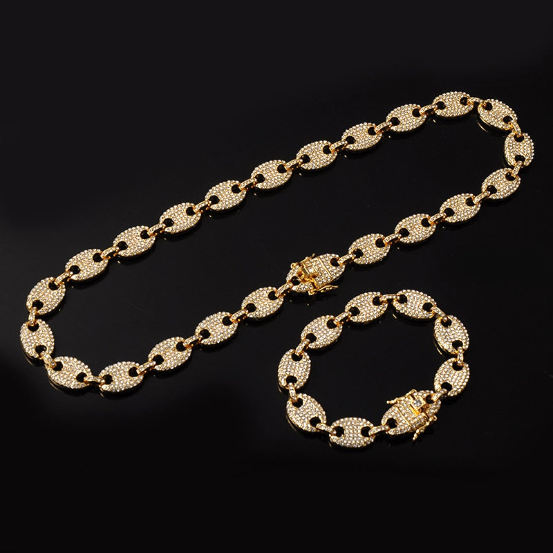 1kit 13MM Bling Coffee Bean Iced Out CZ Pig Nose Rhinestone choker Link Chain Necklaces & Bracelet for Men HIP HOP Jewelry