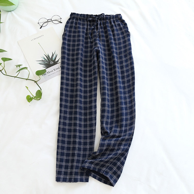 Couple Japanese Sleep Bottoms Plaid Simple Lattice Pajama Pants Women Men 100% Cotton Yarn Home Clothes Elastic Waist Sleepwear