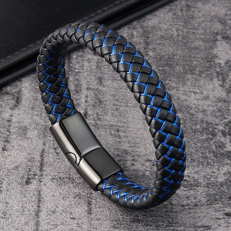 Trendy Men Jewelry Red Braided Leather Rope Bracelet Black Magnetic Buckle Bracelets Punk Men Wrist Band Pulsera Hombre