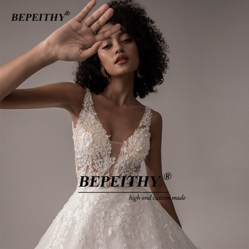 BEPEITHY Vestido De Noiva V Neck Sleeveless Wedding Dresses 2021 For Women Open Back Ball Gown Lace Organza Bridal Gown New