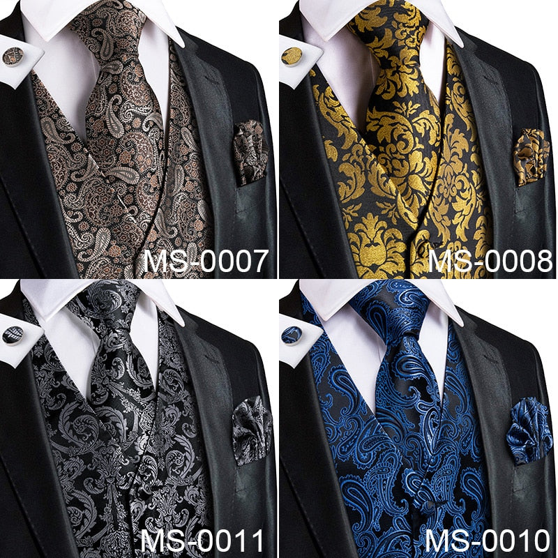 Hi-Tie Silk Adult Men's Vest for Suit Luxury Paisley Floral Plaid Suit Vest and Tie Set Blue Gold Red Sliver Wedding Vest Men