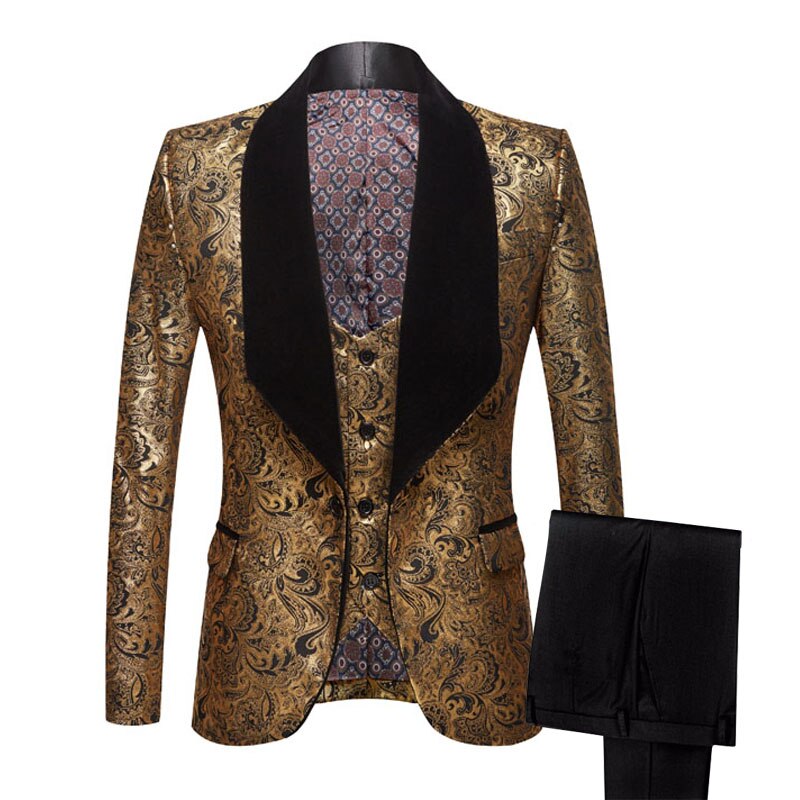 PYJTRL Mens Three-piece Set Wedding Suits Gold Floral Pattern Slim Fit Party Prom Dress Tuxedo Singers Costume Smoking Uomo
