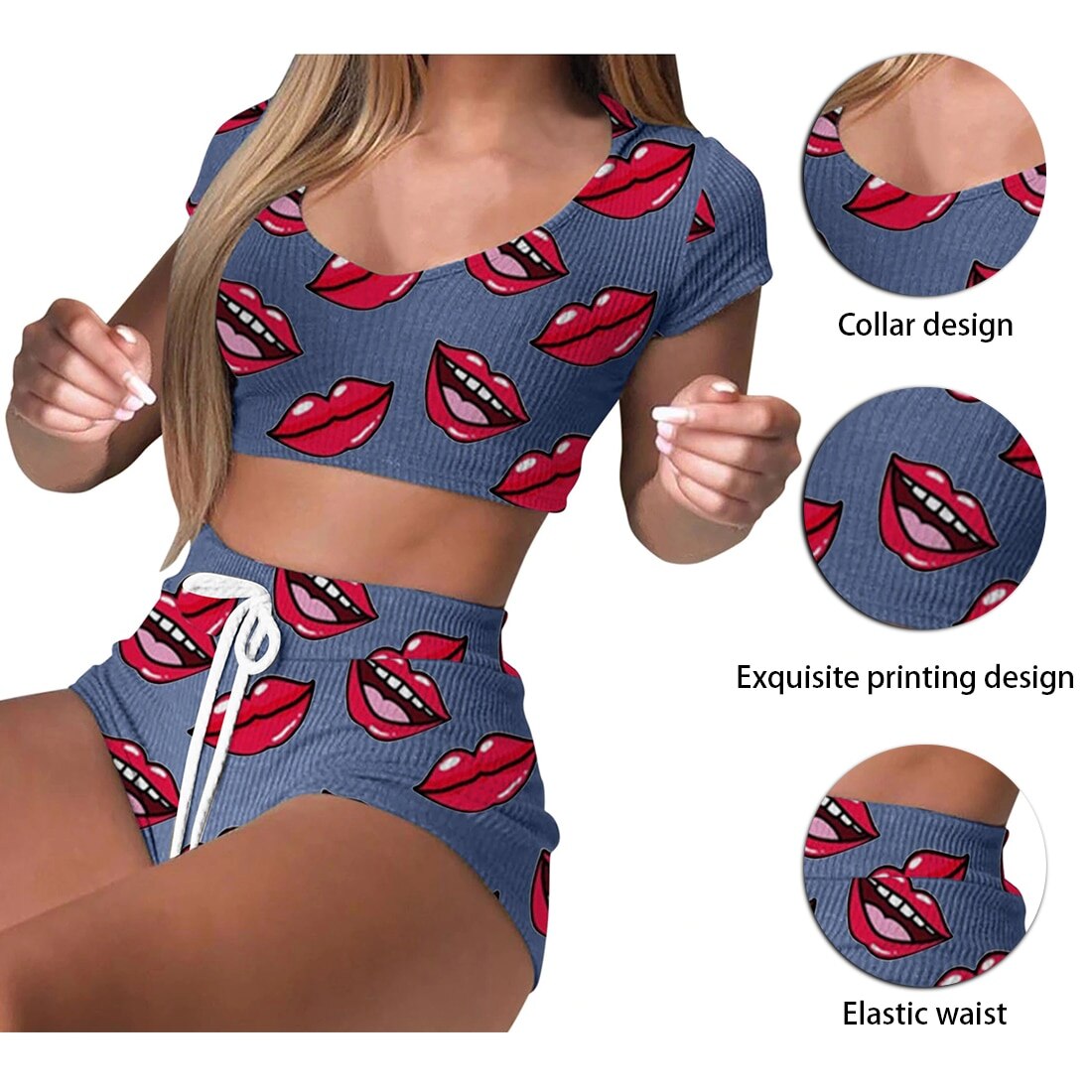 2021 Pajama Sets Sexy Lips Print Women Pajamas With Pants+Short Sleeve Sleepwear Pijama Nightie Home Clothes Pyjama Pour Femme