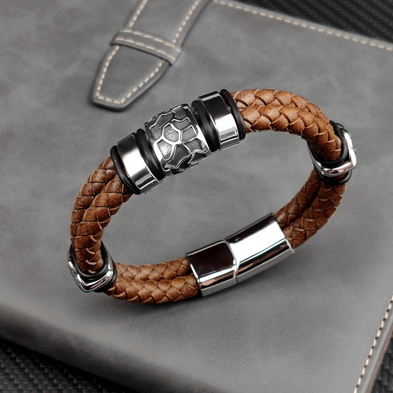 MingAo Punk316l Stainless Steel Irregularly Cracked Bead Bracelet Genuine Braided Leather Male Bracelets & Bangles Men's Jewelry