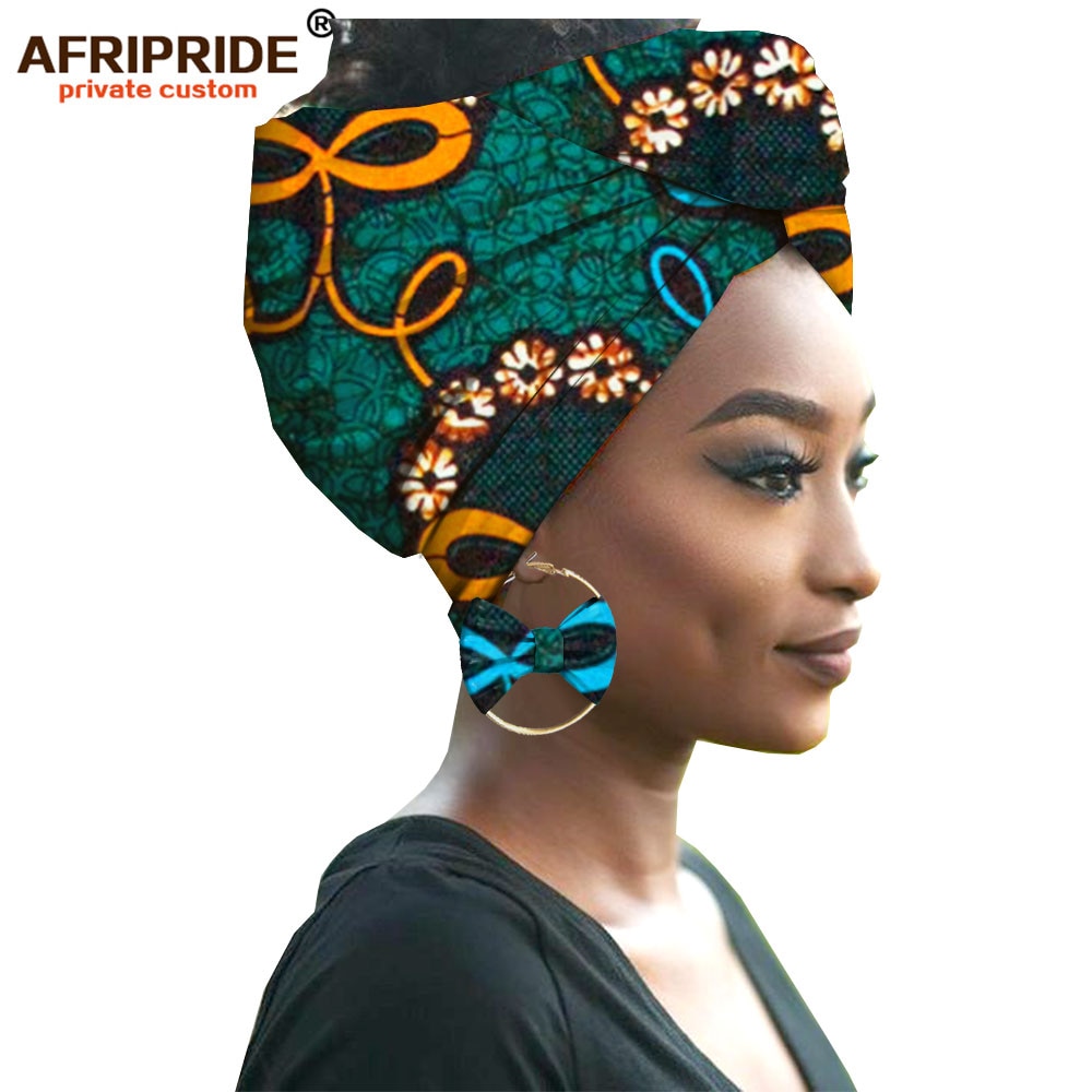 2020 fashion african headwraps+earings 2 piece sets for women bazin riche african head scarf pure cotton A19H002 AFRIPRIDE