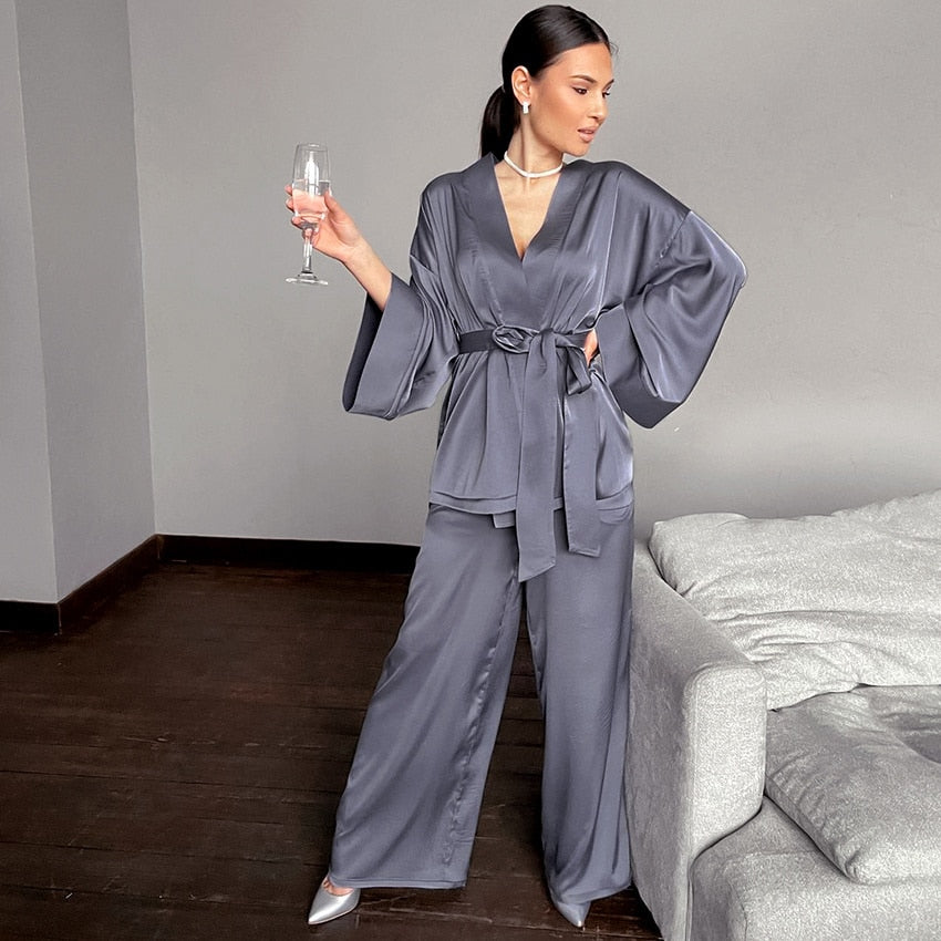 Hwanan Home Suit For Women Sleepwear Loose Flare Pants Three Quarter Sleeve Satin Robe Sets Bathrobe For Home Wear Fashion 2021