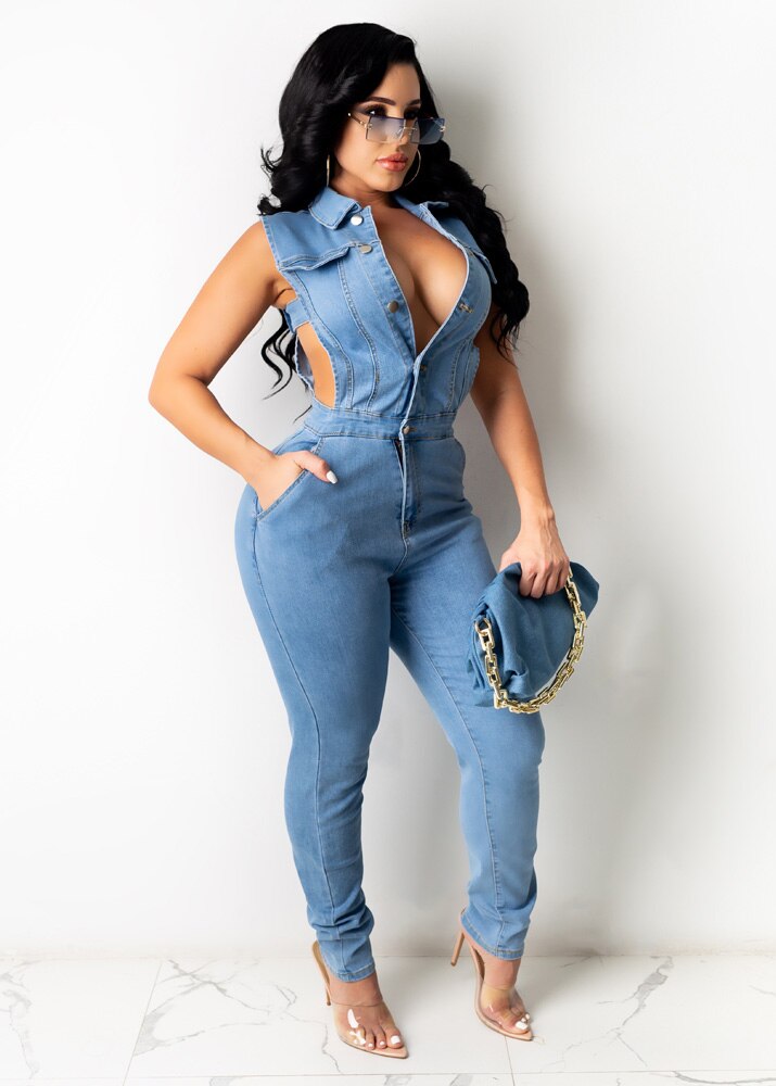 Summer Jeans Overalls Sexy Women Sleeveless Bodycon Blue Denim Pencil Jumpsuit Romper