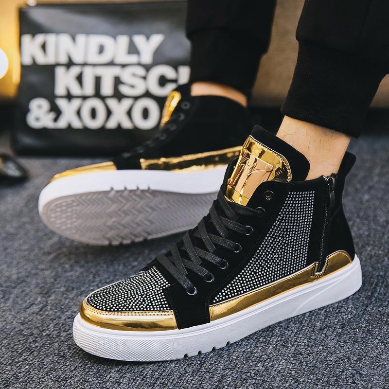 2019 Cool Men High Top Men Gold Glitter Sneakers Lace Up Crystal Platform Flats Gold Shoes Man Sequins krasovki Bling Shoes AC-2 - Surprise store