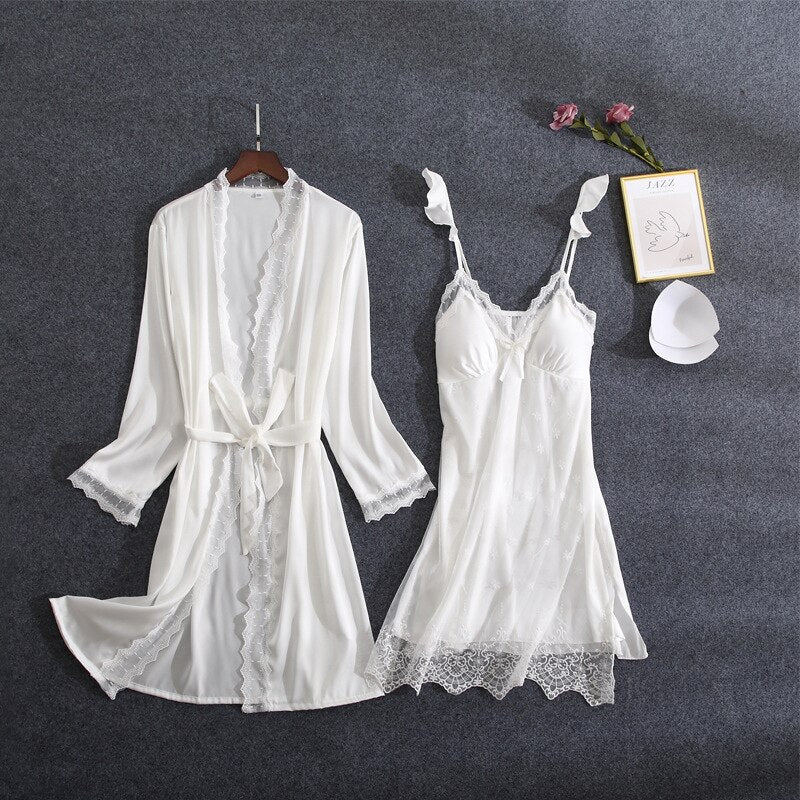 White Lace 2PC Nightwear Set Women Robe Gown Bride Sexy Strap Nightdress Summer V-Neck Sleep Suit Kimono Nighties Homewear