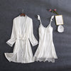 White Lace 2PC Nightwear Set Women Robe Gown Bride Sexy Strap Nightdress Summer V-Neck Sleep Suit Kimono Nighties Homewear
