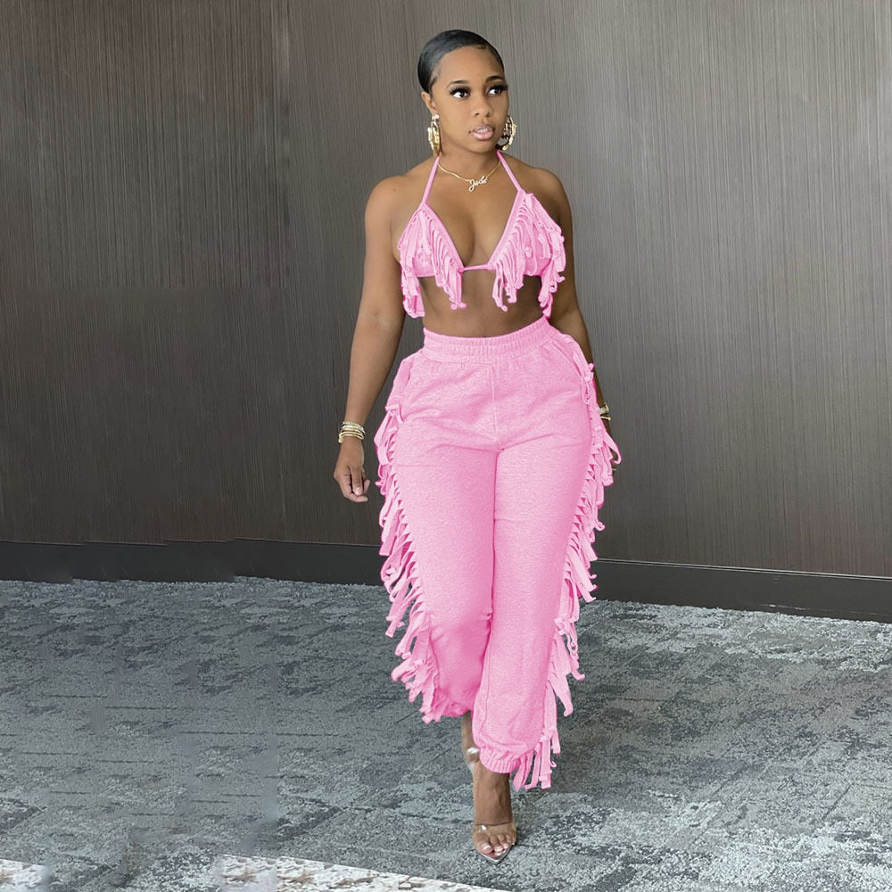 2021 Summer Women Two Piece Fashion Sexy Halter Top High Waist Fringed Stretch Pants Trousers Casual Party Club Clothing Women
