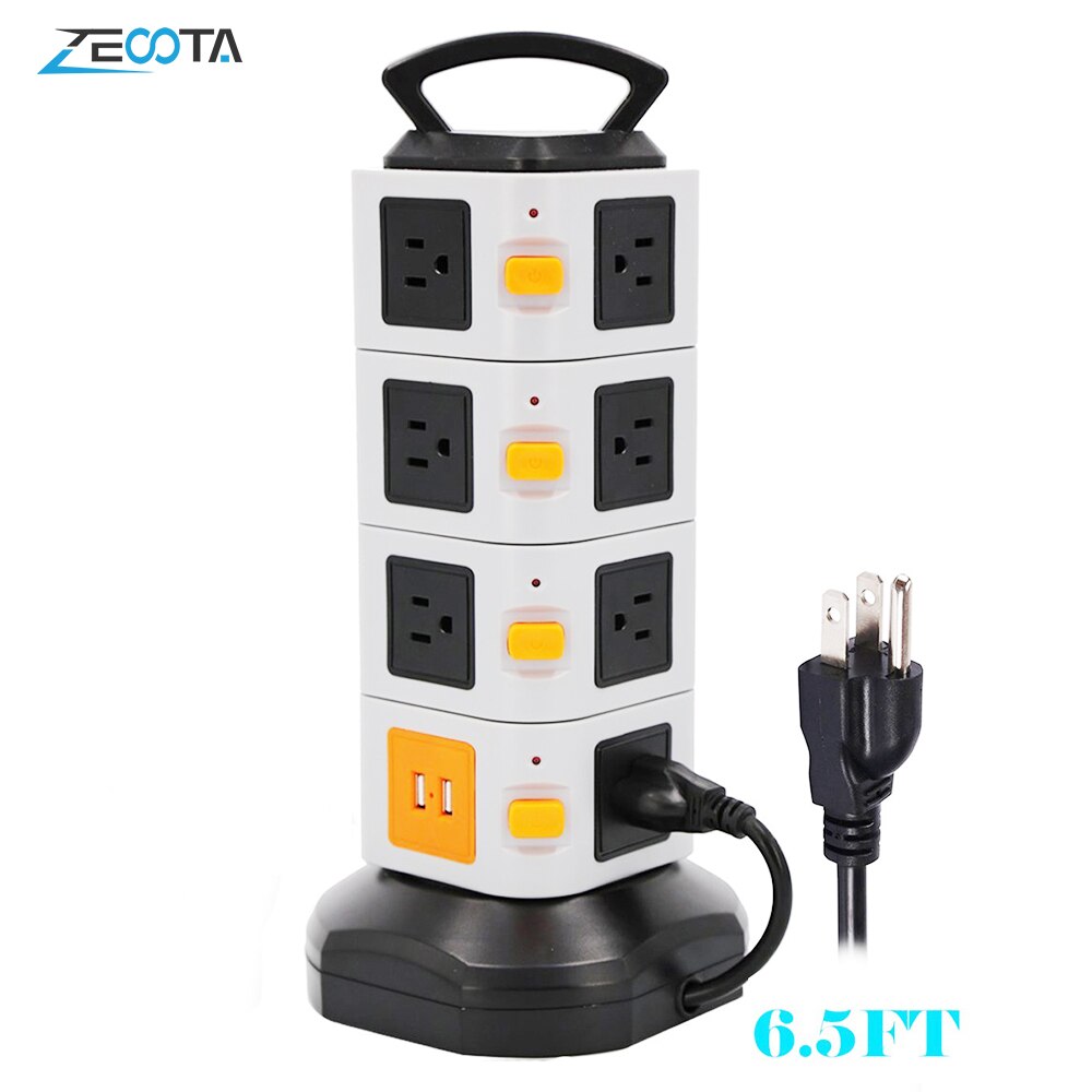 Tower Power Strip Vertical Extender Outlets Surge Protector 2500W 10A Socket with USB 2m/6.5ft Extension Cord for Home Office