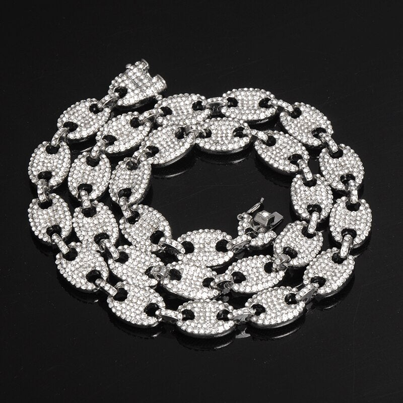 1kit 13MM Bling Coffee Bean Iced Out CZ Pig Nose Rhinestone choker Link Chain Necklaces & Bracelet for Men HIP HOP Jewelry