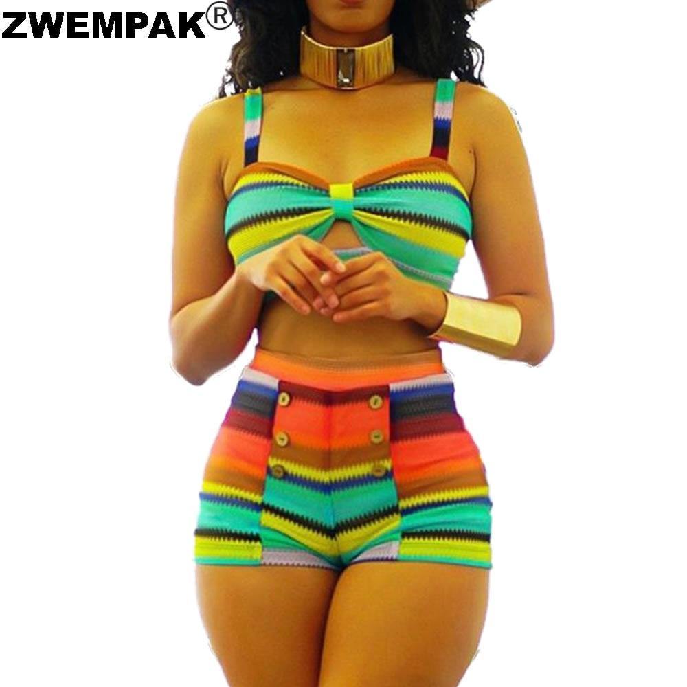 summer sexy bikinis rainbow striped patchwork women's swimwear high waisted bikini set button decoration swimsuit biquini XL - Surprise store