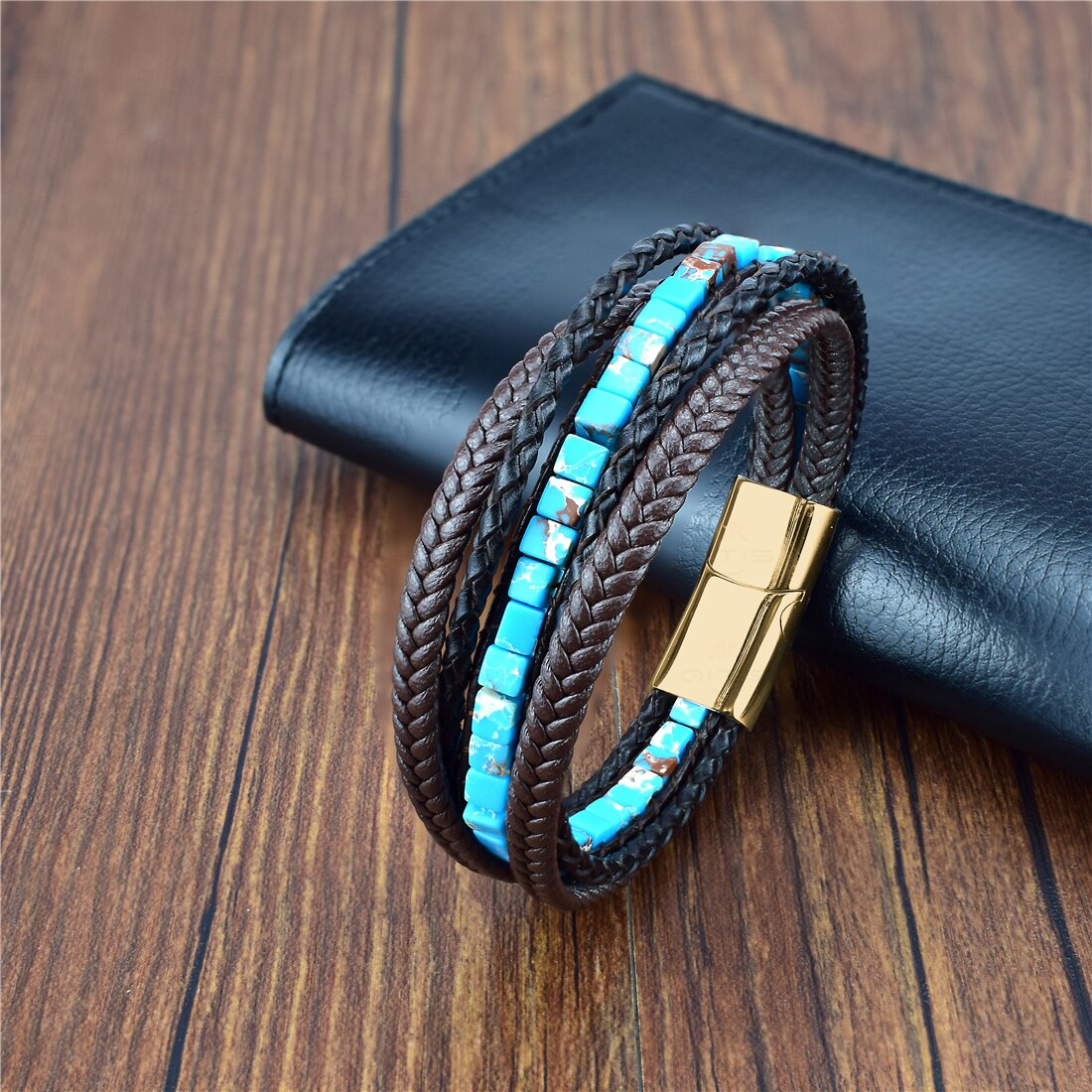 Multilayer Bracelet Natural Stone Genuine Leather Braided Wrap Bangle Stainless Steel Magnetic Clasp Bracelet Men Jewelry
