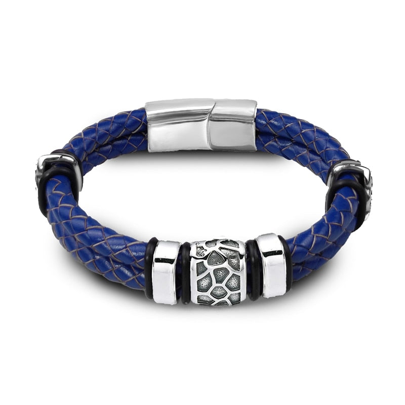 MingAo Punk316l Stainless Steel Irregularly Cracked Bead Bracelet Genuine Braided Leather Male Bracelets & Bangles Men's Jewelry