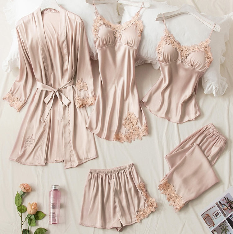 AGOTYOO 5 Piece Pajamas Sets Sexy Lace Stain Homewear Women Pajamas Faux Silk Dressing Gown Summer Autumn Robe Sleepwear Pyjama