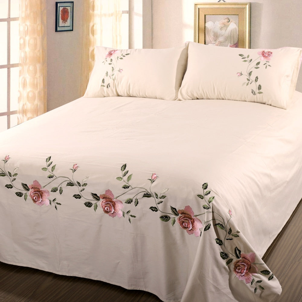 Cotton twill Embroidered Bed Sheets Set LUXURY Bedding Set Wrinkle & Fade Resistant Hypoallergenic Sheet & Pillow Case Set Queen