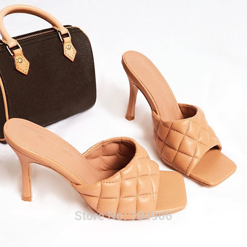 Marian Sqaure Toe Red Quilted Mule Heels Shoe Black PU High Heel Shoes Women Sandals Sliper Woman Shoes zapatos mujer White Blue