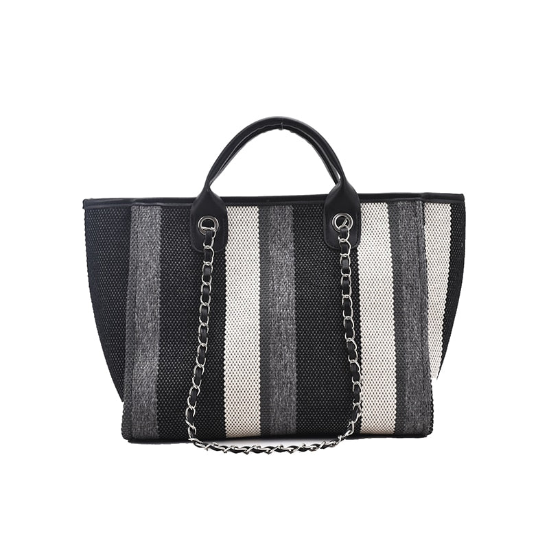 New Women Tote Bag Fashion Linen Large Striped Handbag Chains Shoulder Bags Ladies Big Messenger Bag Shopping Bag
