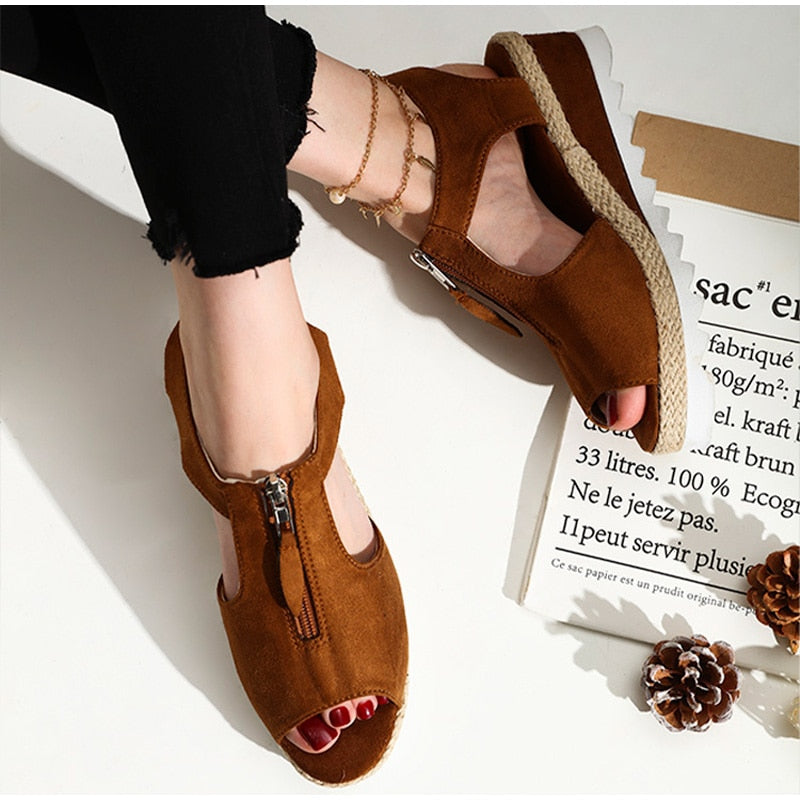 Sandals Women 2021 Wedges Heels Zip Platform Ladies Shoes Summer Peep Toe Suede Leather Gladiator Shoes Casual Female Footwear