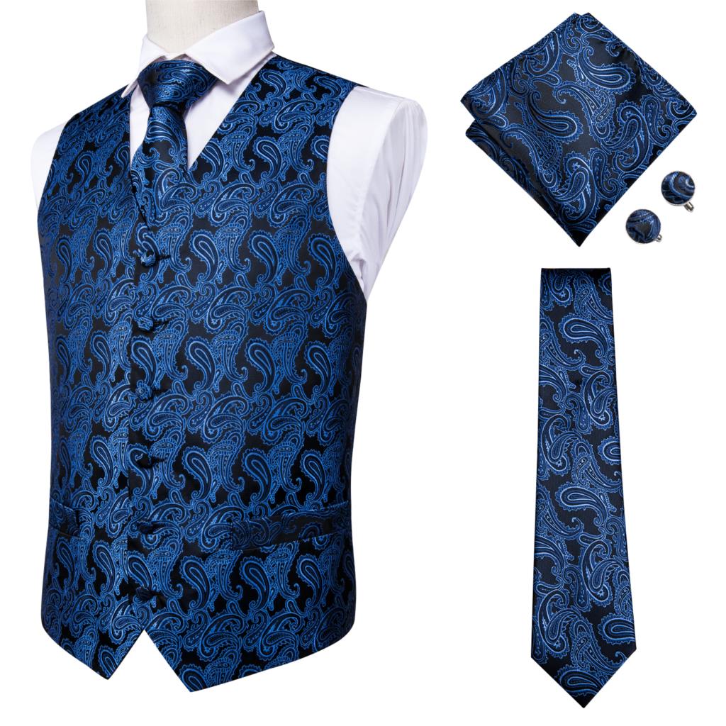Hi-Tie 11 Kinds Silk Men's Waistcoat and Tie Set Business Wedding Vests With Necktie Hankerchief Cufflinks Floral Paisley Slim