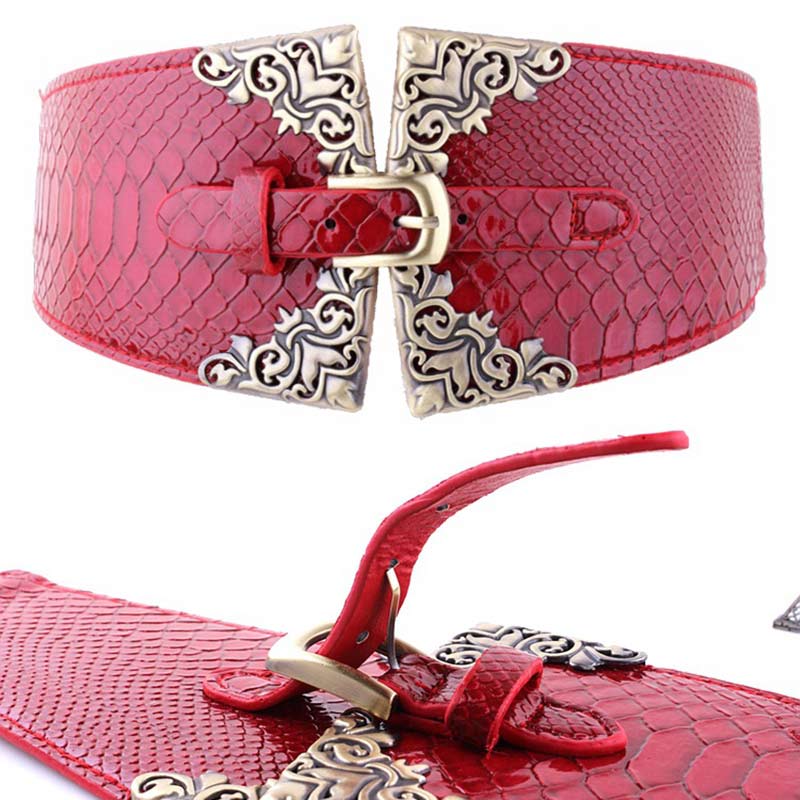 Fashion Wide Waist Belt Metal Round Buckle Punk Belts Stretchy Dress Waistband Pu Leather Cummerbunds European Style Lady Belts