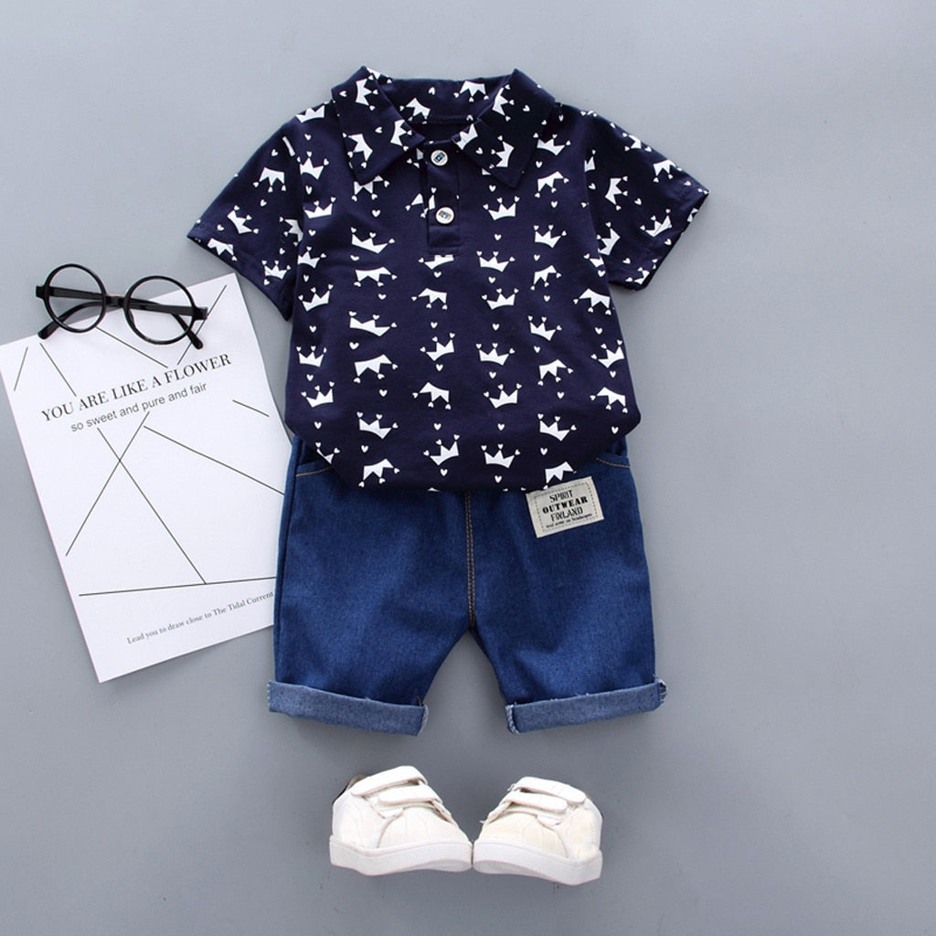Baby Boy Clothing Sets Summer Toddler Boys Short Sleeve Crown Pattern Shirt Tops+ Denim Pants Kids Clothes Set Newborn Outfits