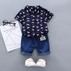Baby Boy Clothing Sets Summer Toddler Boys Short Sleeve Crown Pattern Shirt Tops+ Denim Pants Kids Clothes Set Newborn Outfits