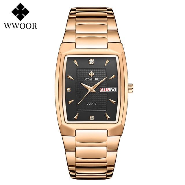 2021 WWOOR Luxury Gold Full Steel Watches Mens Square Quartz WristWatch For Men Sport Waterproof Week and Date Relogio Masculino