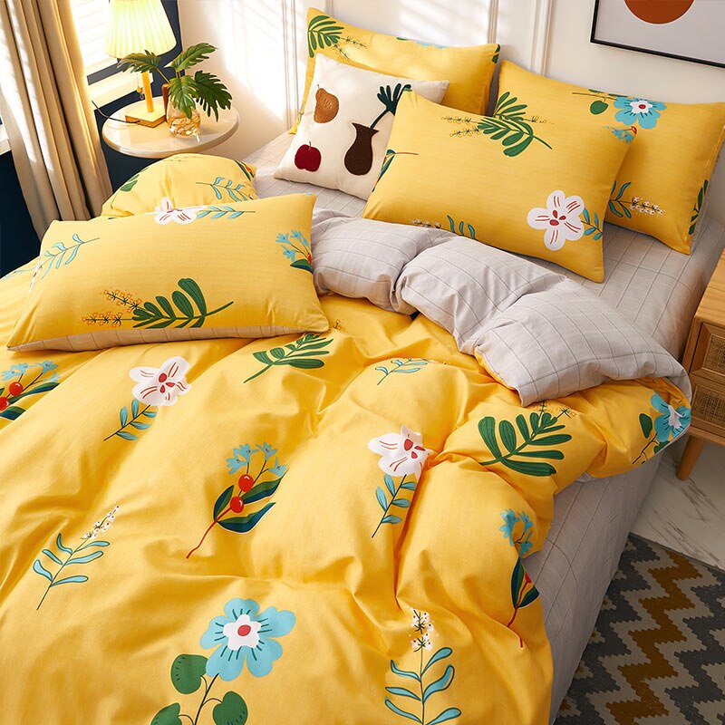 4pcs Nordic Bedding Set , Duvet Cover + Pillow Case + Bed Sheet Home Textiles Bed Sheets Set Washed Cotton A/B side Qulit Sheet