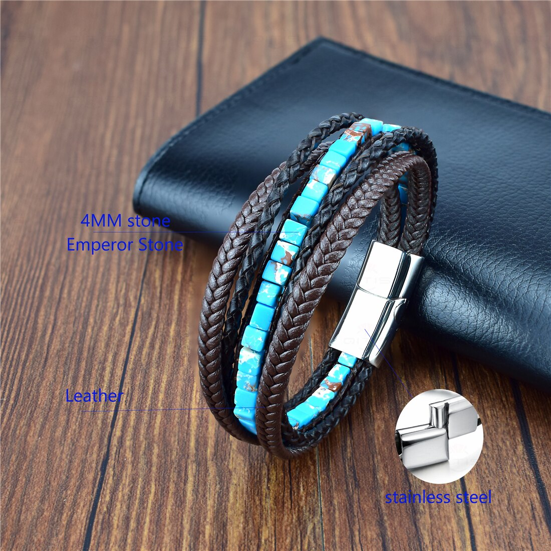 Multilayer Bracelet Natural Stone Genuine Leather Braided Wrap Bangle Stainless Steel Magnetic Clasp Bracelet Men Jewelry