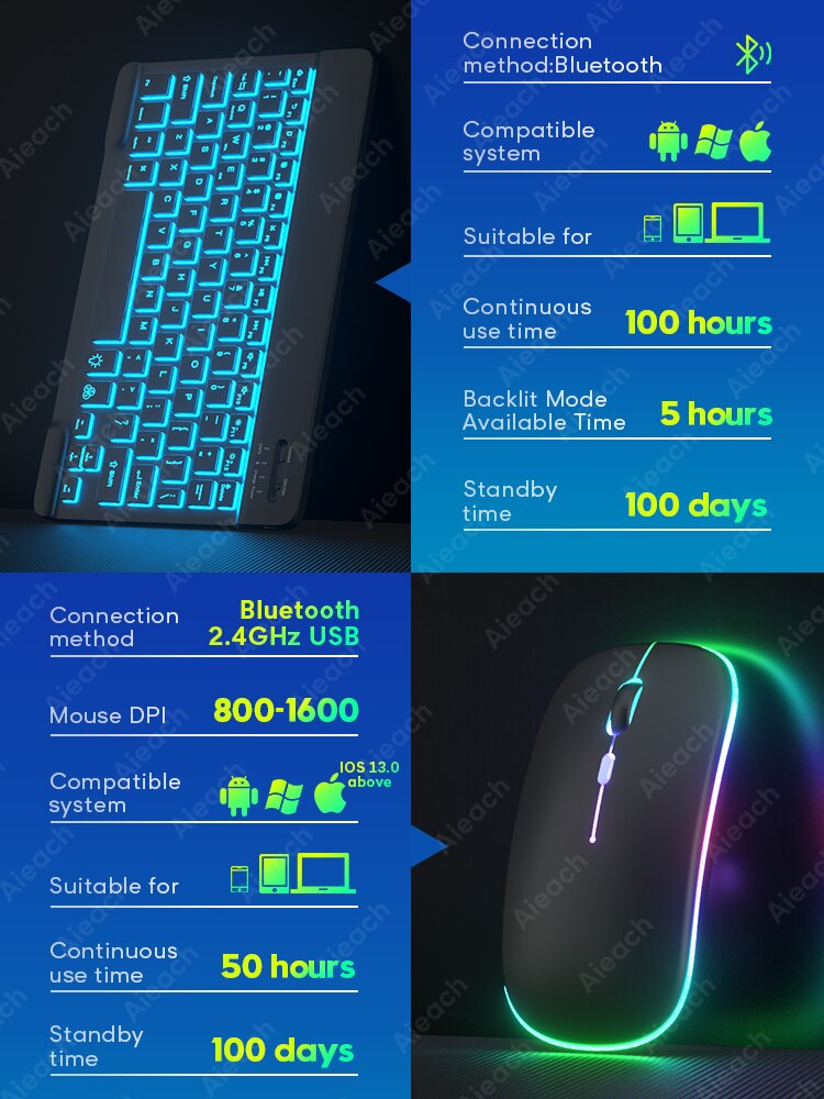 Backlit Teclado Bluetooth Keyboard For iPad Android Windows iOS Phone Tablet Wireless Keyboard Mouse For Samsung Huawei Tablet