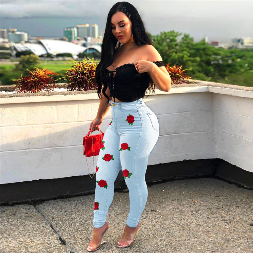 Spring and autumn sexy high-waist women jeans fashion flower embroidery skinny slimming denim pants lady sexy denim pencil pants