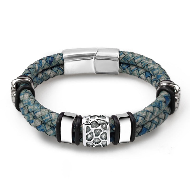 MingAo Punk316l Stainless Steel Irregularly Cracked Bead Bracelet Genuine Braided Leather Male Bracelets & Bangles Men's Jewelry