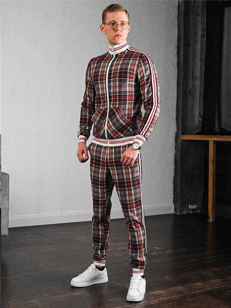 Men Tracksuit Men's Sets Two-piece Striped Lattice Suit Zipper Jacket+Fashion Small Trouser High Quality Slim Classic Sportswear - Surprise store