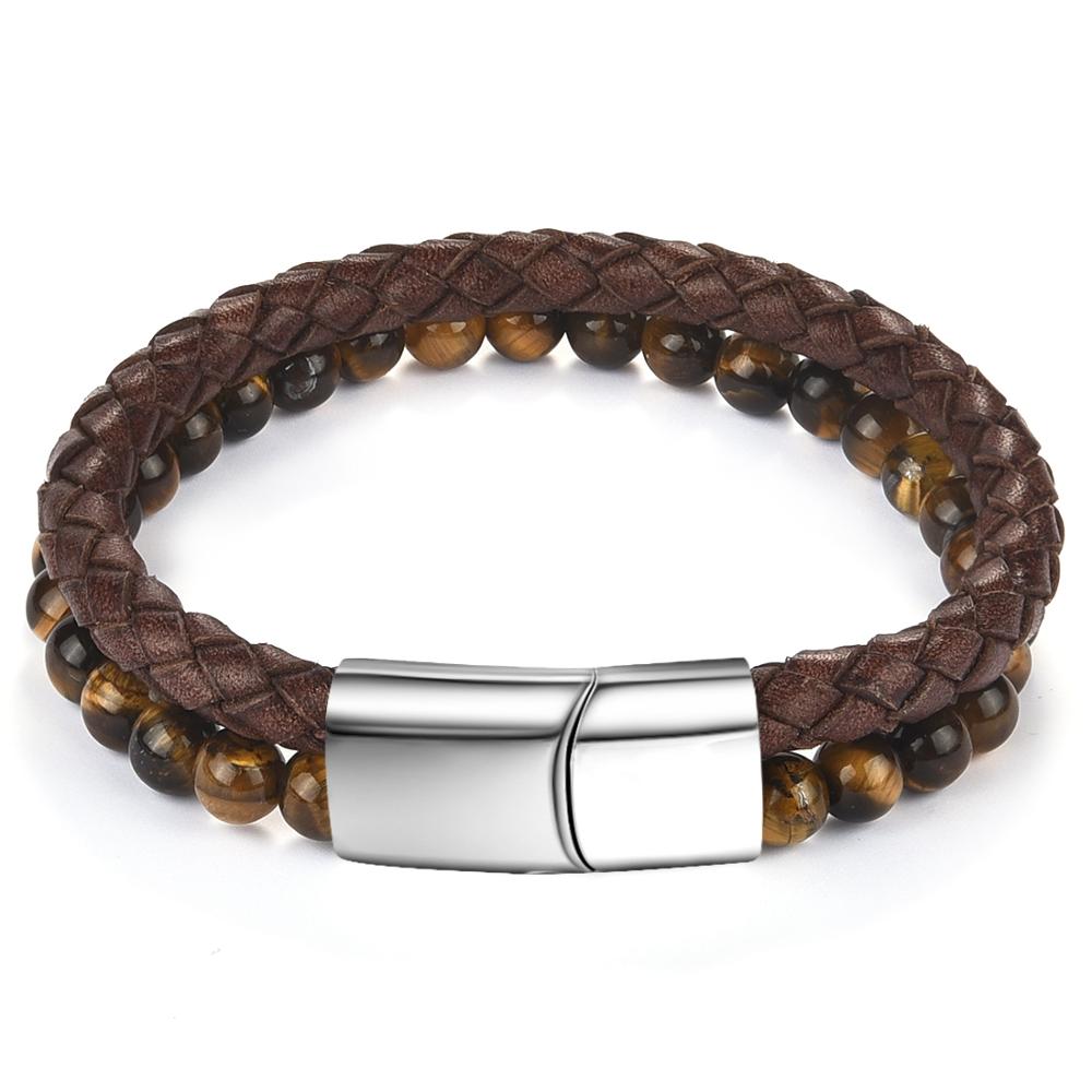 Jiayiqi Fashion Natural Stone Beads Men Bracelet Multilayer Leather Bracelet Punk Jewelry Stainless Steel Magnetic Clasp Bangles