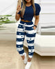 Women Fashion Casual Two-Piece Set Suits Set Female Spring Summer Clothes Short Sleeve Top &Striped Star Drawstring Pants Set