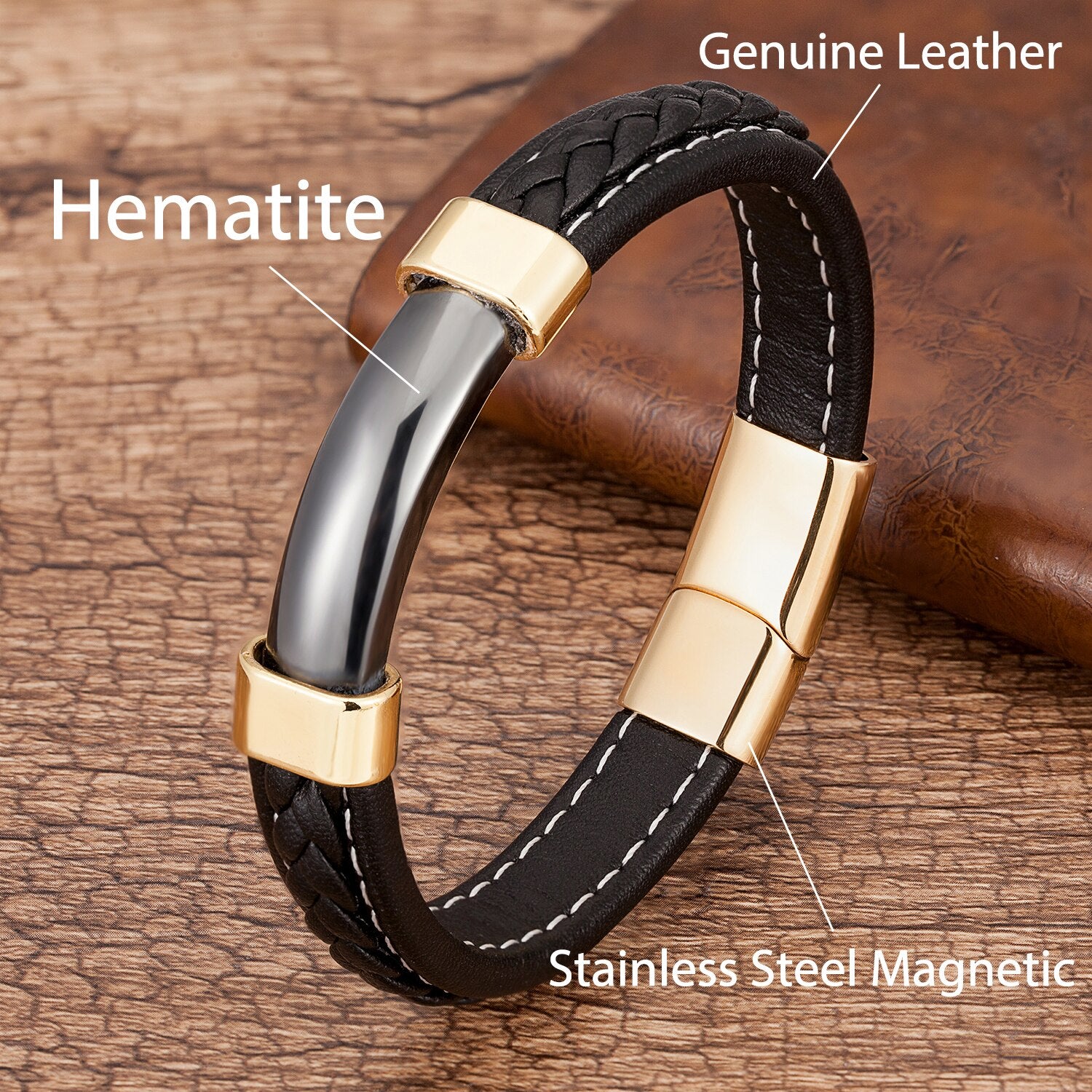 Natural Stone Men Bracelet Black Genuine Leather Rope Chain Stainless Steel Magnet Clasp Natural Stone Bracelets Male Jewelry