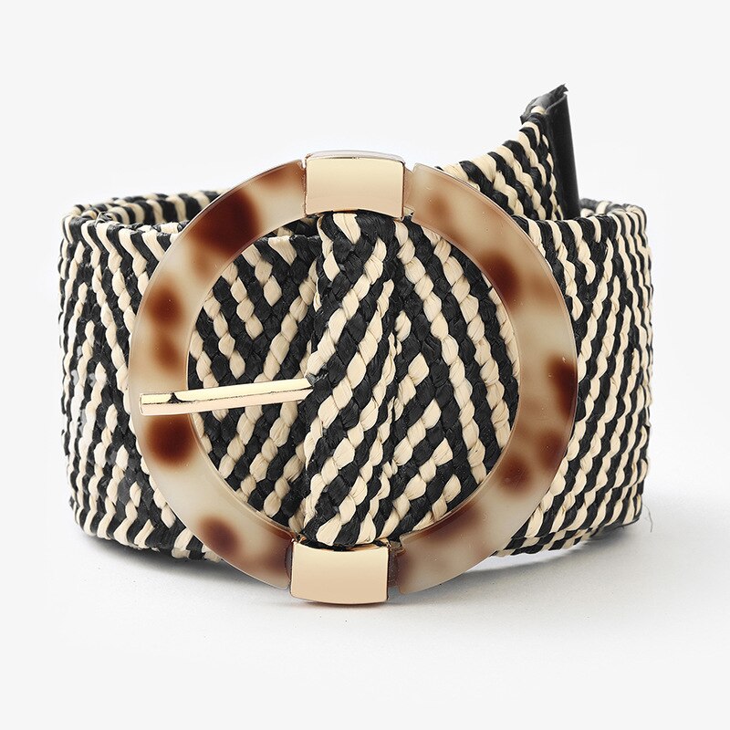 Women Casual Waistband Plastic Buckle Wide Waist Belt With Leopard Round Buckle Pp Straw Weave Belts Boho Braided Waist Strap