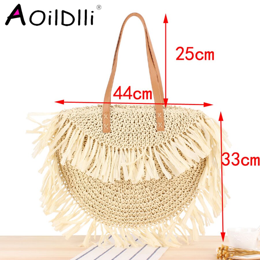Bohemian Round Tassel Women Straw Bag Designer Spike Paper Rattan Shoulder Bags Large Casual Handbags Summer Beach Woven Purses