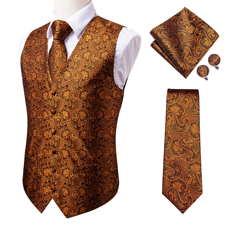 Hi-Tie Silk Adult Men's Vest for Suit Luxury Paisley Floral Plaid Suit Vest and Tie Set Blue Gold Red Sliver Wedding Vest Men