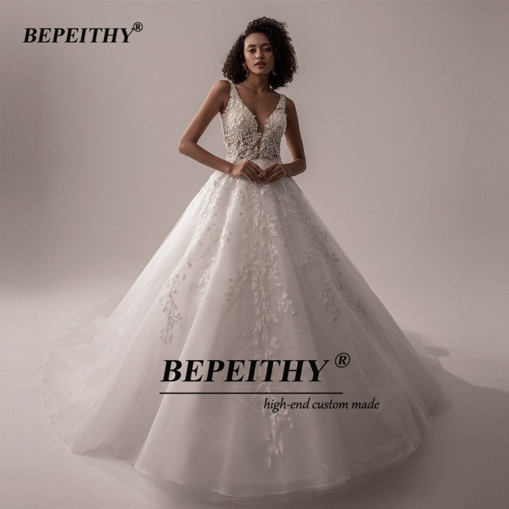 BEPEITHY Vestido De Noiva V Neck Sleeveless Wedding Dresses 2021 For Women Open Back Ball Gown Lace Organza Bridal Gown New