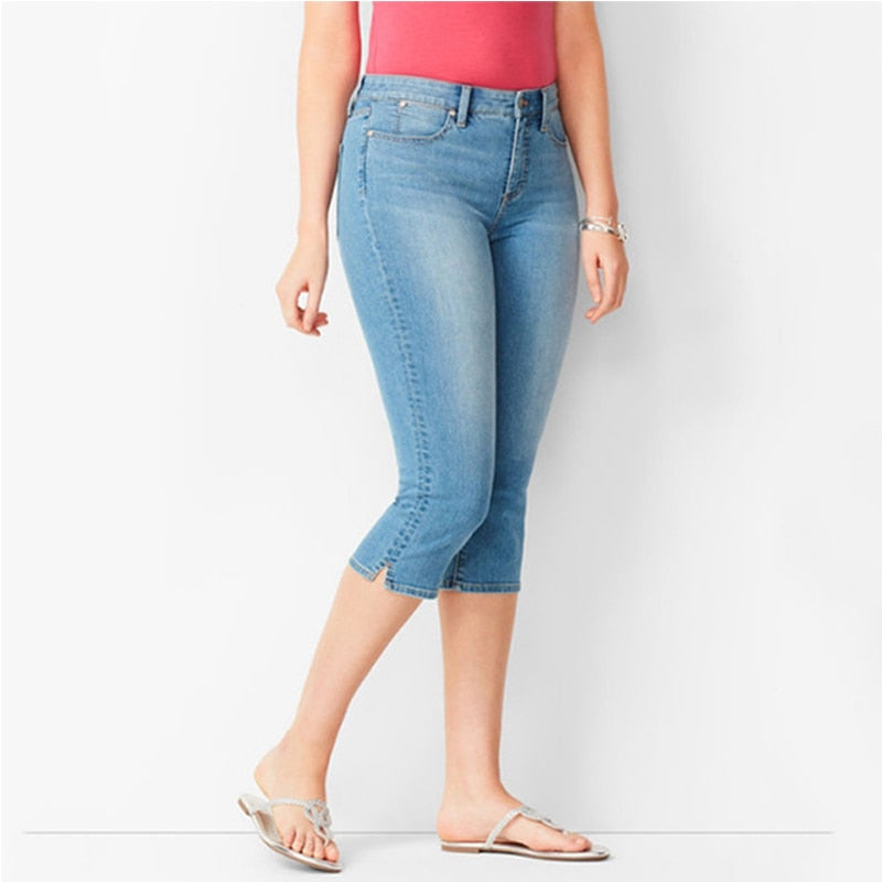 4XL Plus Size Jeans Women's Capri Pants Summer Breeches Mid Waist Washed Denim Shorts Calf-Length Cotton Casual Clothing