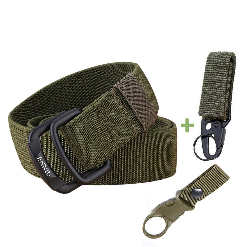 Military Equipment Belt Men Elastic Nylon Tactical Belts For Jeans Pants Solid Strap Canvas Double Ring Metal Buckle Waist Belt