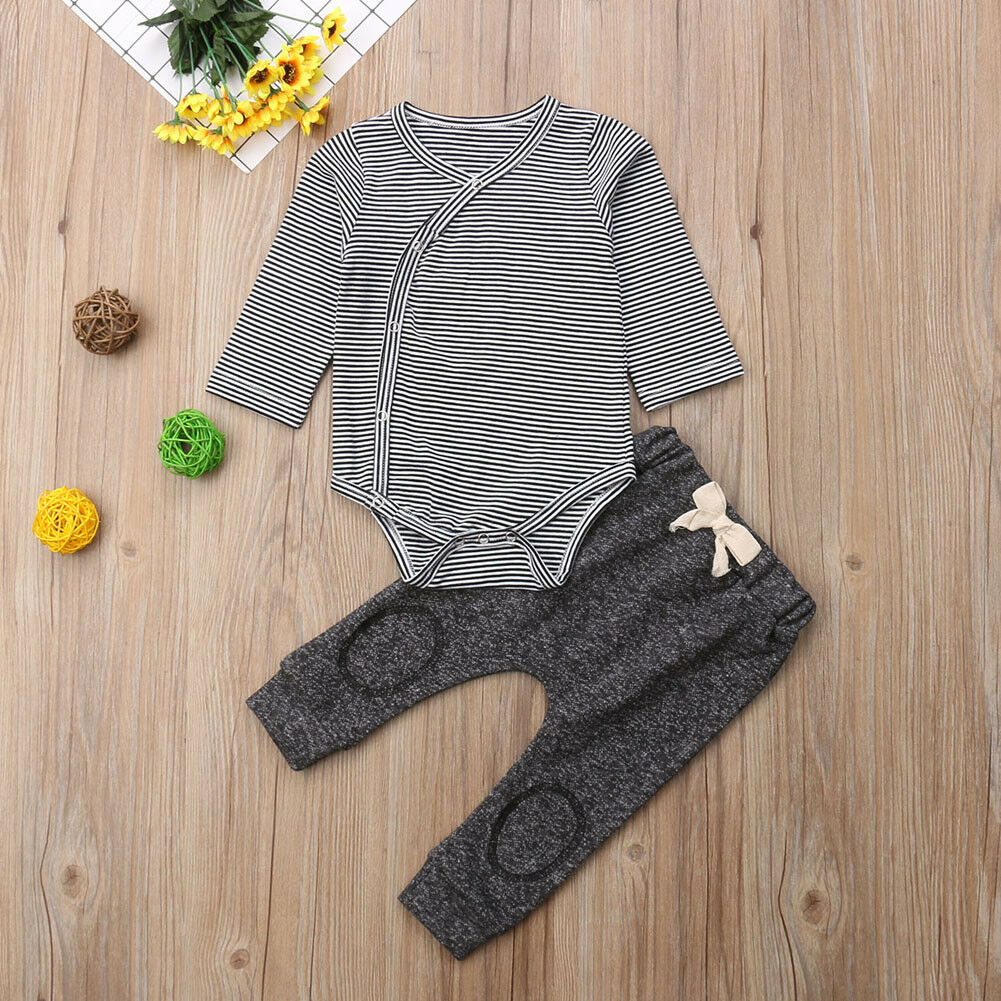 0-24M 2Pcs Newborn Boy Cotton Stripe Romper Tops +Long Pants Baby Outfits Boy Clothes Suits