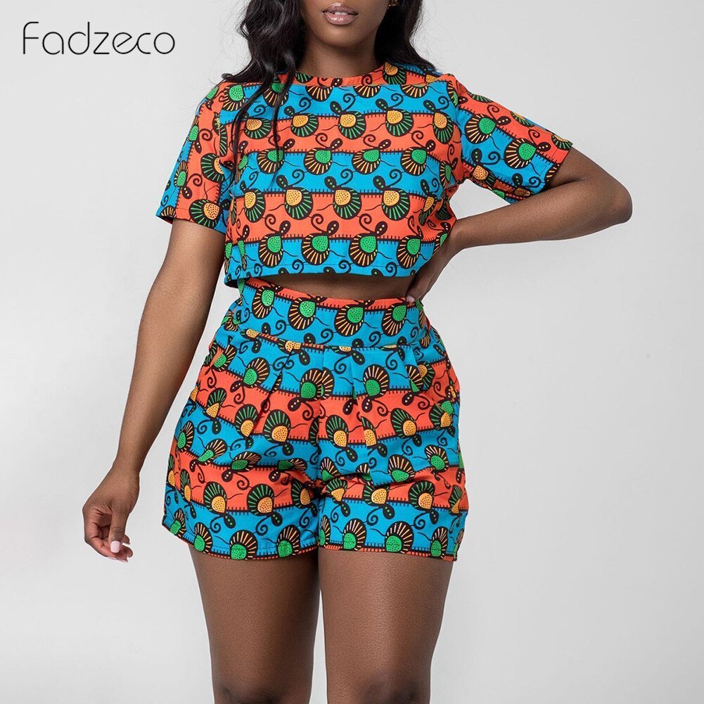 Fadzeco African Dresses for Women Dashiki Print Ankara Jumpsuit Short Sleeve Round Neck T Shirt and High Waist Short Pants